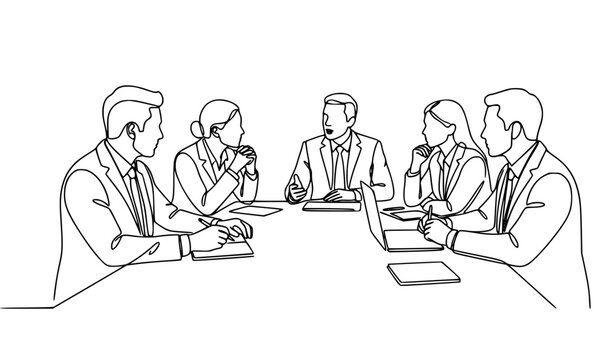 Continuous line art of business team meeting around boardroom table vector
