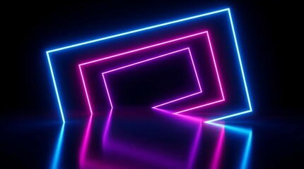 Naklejka premium Glowing neon rectangular frames in blue and magenta, arranged in a nested perspective pattern with light reflections on a dark surface