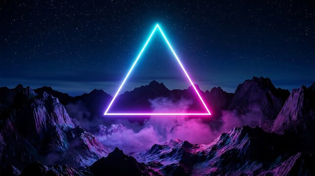 Glowing neon triangle floating above dark jagged mountain peaks, night sky with stars and purple mist in a surreal landscape