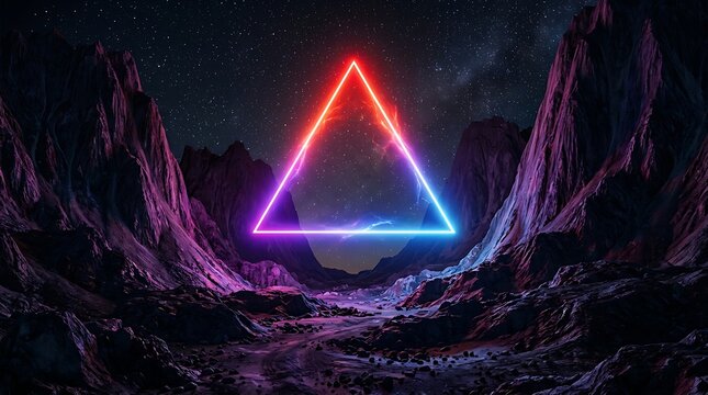 Glowing neon triangle floating above a dark, rocky alien landscape with purple mountains and a starry night sky background