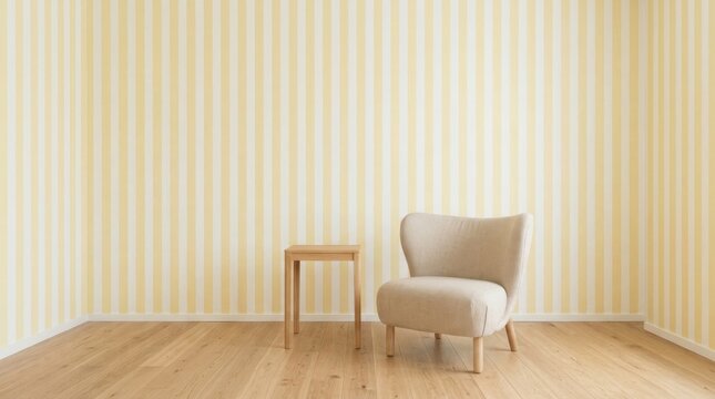 Modern armchair and small wooden table in minimalist room interior