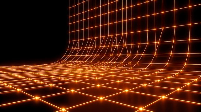 Glowing orange grid lines forming a curved surface against a black background, digital wireframe perspective view with luminous nodes
