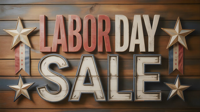 Labor day sale announcement with wooden letters and patriotic star decorations