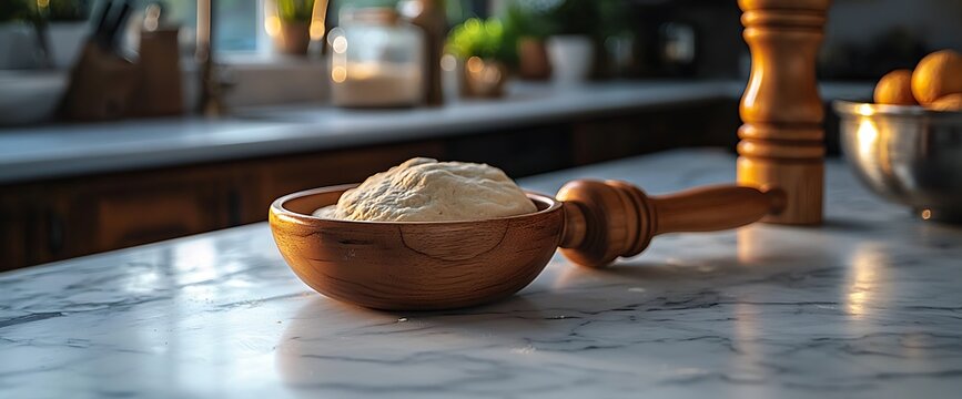 Kitchen counter, dough in wooden bowl, sunrise, marble surface, baking