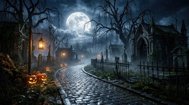 Spooky Halloween graveyard with glowing pumpkins and full moon at night