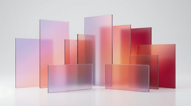 Rectangular glass panels with gradient pink, orange, and purple hues arranged in a staggered composition on a white background