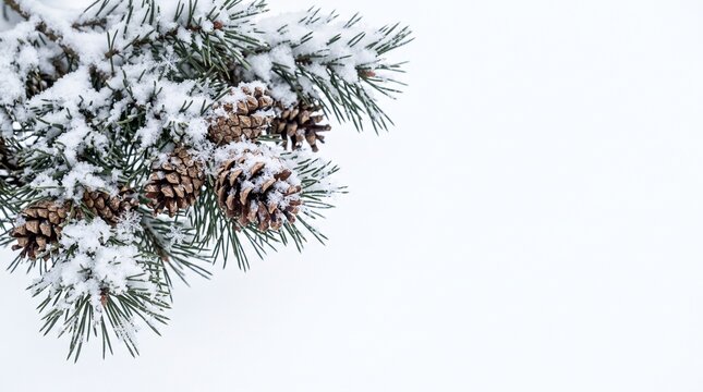 Snowy green pine branches with brown cones covered in fresh white snow against a clean minimalist background capturing the peaceful winter atmosphere
