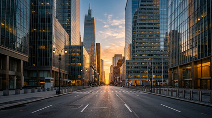 Naklejka premium New York City Street at Sunset, Iconic Skyline, Empty Road Perspective