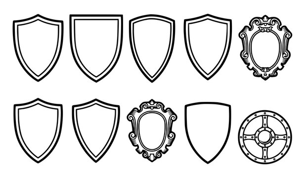 Vintage medieval knight shield vector set with classic heraldic coat of arms shapes and warrior line art borders for logo design