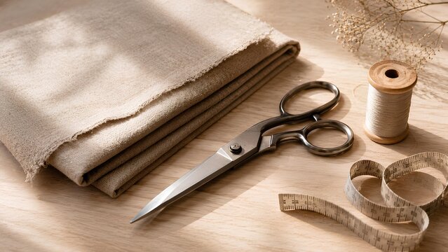 Minimalist tailoring flatlay with linen fabric and sewing shears