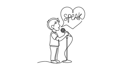 Continuous line drawing of a boy speaking into a microphone with a heart speech bubble