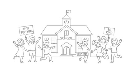 Fototapeta premium Continuous line drawing of happy children holding anti bullying signs in front of a school building
