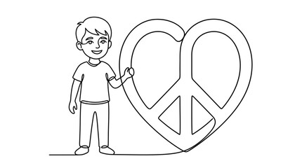 Continuous line drawing of a boy with heart peace symbol for world harmony and love
