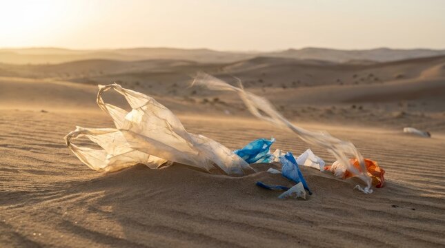 Plastic bags blowing across desert dunes in golden sunlight