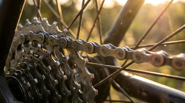Close up of bicycle chain and rear gear cassette