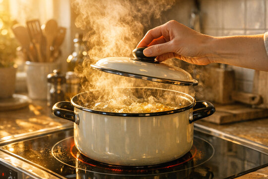 A person's hand gripping a spoon and stirring contents within a pot on the stove. Cooking scene with a focus on food preparation.