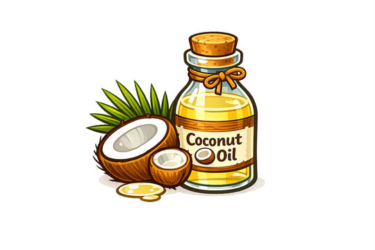 Hand-drawn image of coconut oil and shells on a white background.