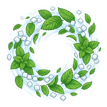 Fresh mint leaves with ice cubes swirling around isolated transparent background transparent background