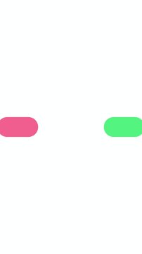 Coral pink and mint green rounded pill shapes sliding past each other with scanline RGB chromatic jitter at midpoint on white loop