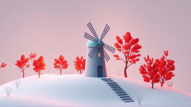 Minimalist scene depicts windmill atop snowy hill. Red trees surround structure, soft pink sky provides backdrop. Peaceful, serene.