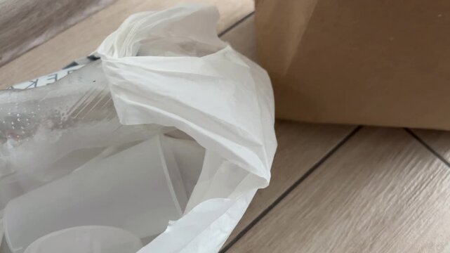 Separating household waste showing a plastic bag with trash and a paper bag with clothes for donation, promoting recycling and environmental sustainability awareness