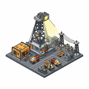 Industrial mining site features heavy machinery and a tall spotlight illuminating the yard during night operations within this detailed isometric layout that provides plenty of room for extra text.