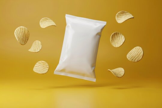 Potato chips floating around a blank snack bag on yellow background. Concept.
