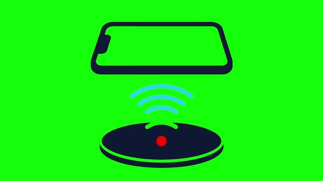 Wireless charger animation with a smartphone icon and signal waves on green screen
