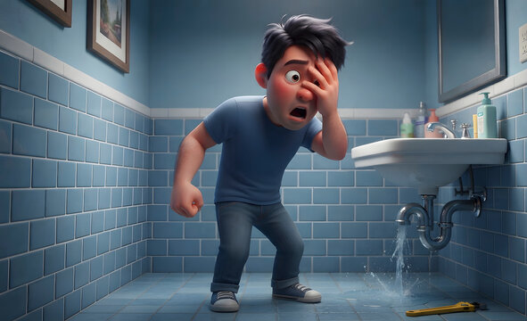 3D Animated Man Frustrated by Bathroom Sink Plumbing Leak and Water Damage Emergency
