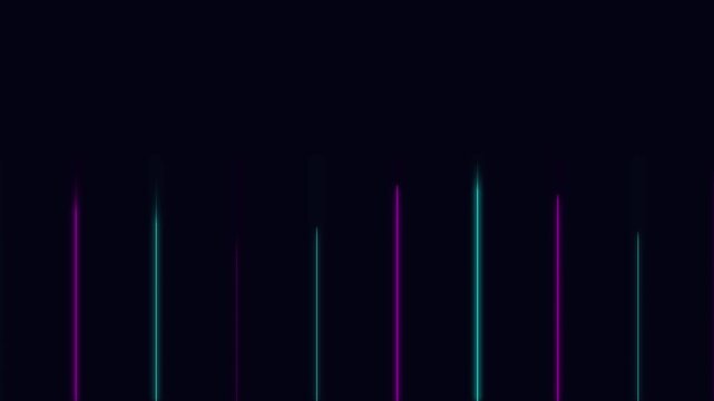 Abstract equalizer background featuring rhythmic neon lights glowing in purple and turquoise colors displayed as vertical motion graphic animation elements.