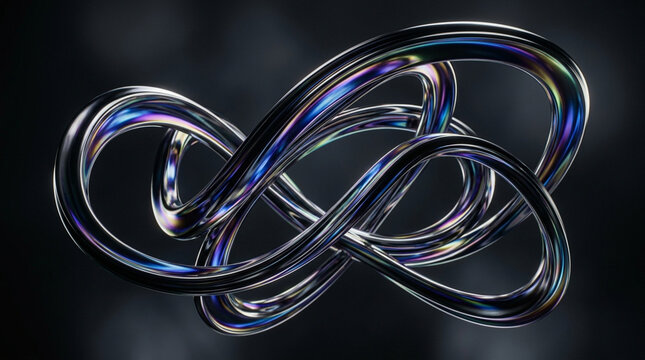 Abstract metallic infinity knot with iridescent colors on dark background