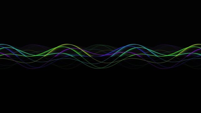 Abstract multi colored glowing light wave particles dancing on black background for digital audio visualization projects or creative motion graphics.