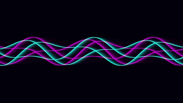 Abstract purple and blue sine wave patterns moving across black background creating dynamic rhythmic motion visual effect for digital media presentation.