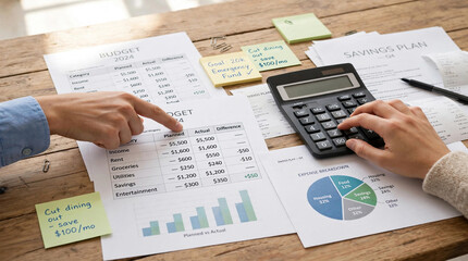Obraz premium Teamwork financial planning with calculator and budget charts on table