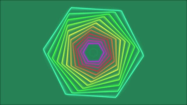 Abstract neon glow hexagon tunnel seamless loop background motion graphics vj loop, animation moving geometric shapes changing color and size, 3D render footage.