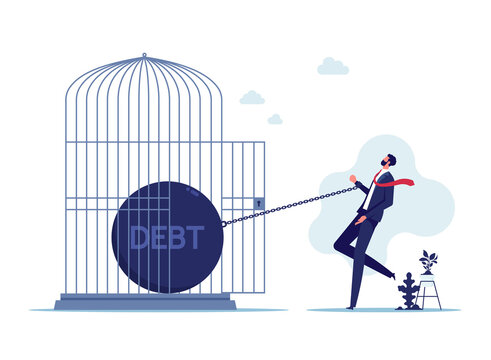 Businessman try breaks free from bank credit card-Crisis and bankruptcy. Breaking shackles of credits and loans. Financial freedom, mortgage concept
