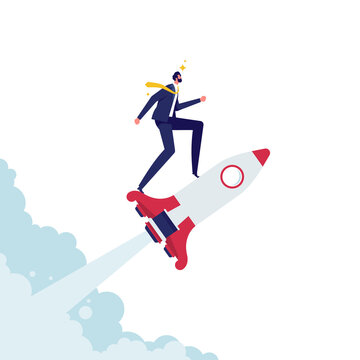 Career start or growth. Ambition for success. Launch new work, job, startup project concept. Businessman stand on a rocket rising