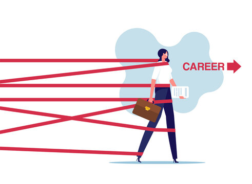 Business difficulty or struggle with career obstacle, Limitation and trap or challenge to overcome success, businesswoman trying to run away with full effort from tied up with red tape