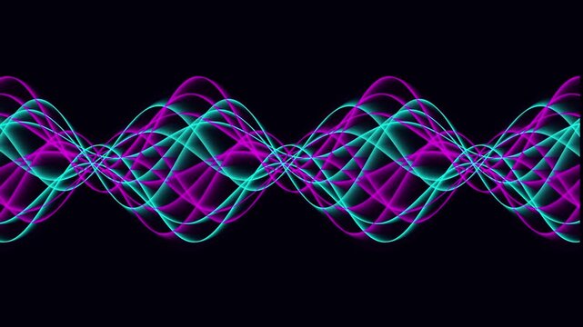 Abstract background animation with a dynamic display of intertwining magenta and turquoise sine waves, creating a rhythmic and visually engaging motion graphic for various media applications.