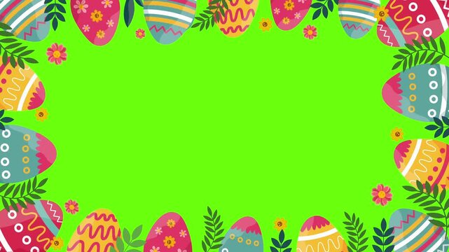Easter eggs frame animation with colorful patterns and cute spring chicks on green screen background.