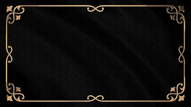 Elegant golden frame loop on black damask fabric background for luxury cinematic presentation.