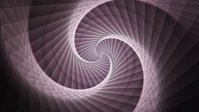 Abstract geometric spiral motion background featuring glowing lavender line structures rotating in black space for creative artistic video projects.