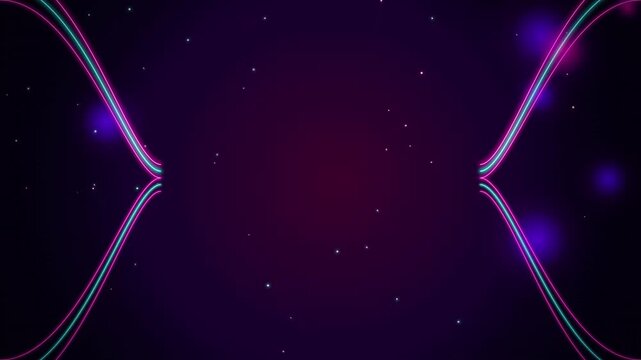 Neon wave light lines moving on dark purple space background with glowing particles and bokeh effects for dynamic digital motion graphics presentation.