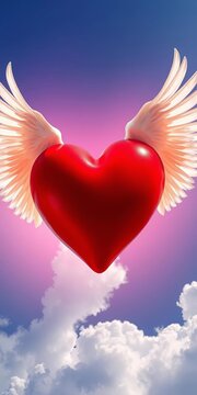 Red heart with white wings floating above clouds