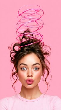 Playful Young Woman with Pink Slinky Hat on Vibrant Pink Background