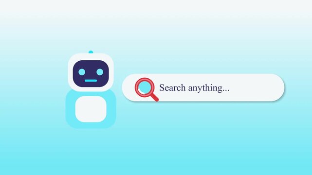 Smiling white and blue robot next to a search bar animation, technology, search engine, AI assistant, information retrieval, digital helper