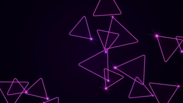 Abstract purple triangles with glowing neon lights float and overlap on dark background with sparkling particles, geometric motion graphic footage.
