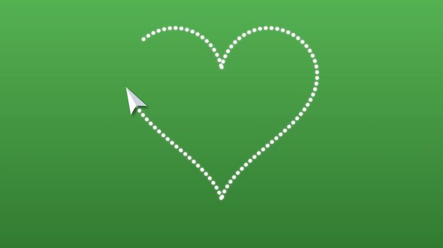 Animation of paper airplane drawing dotted heart symbol on green background, love message
