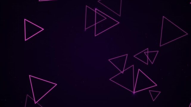 Abstract moving shapes loop animation with glowing pink neon triangles flying and rotating on a dark purple background with small sparkling particles creating modern design.