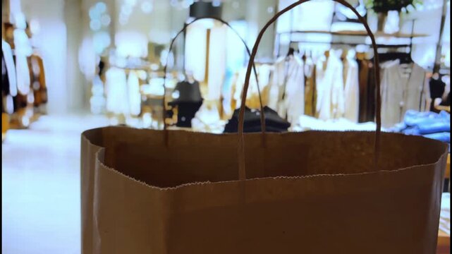 Close up of a brown paper shopping bag in a clothing store with a blurred background, representing consumerism, retail therapy, and sustainable packaging in fashion